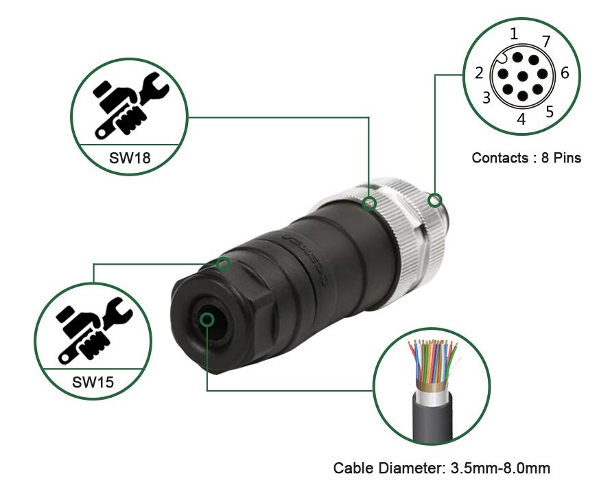 Conector M12 de 8 pines macho con codificación A, conector industrial de campo, adaptador de enchufe - Imagen 3